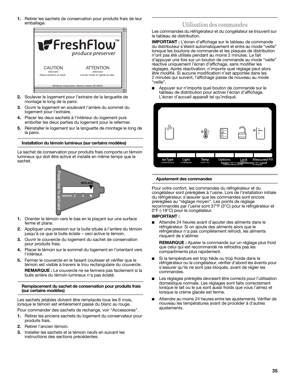 Utilisation des commandes | Whirlpool WRS965CIAM User Manual | Page 35 / 48