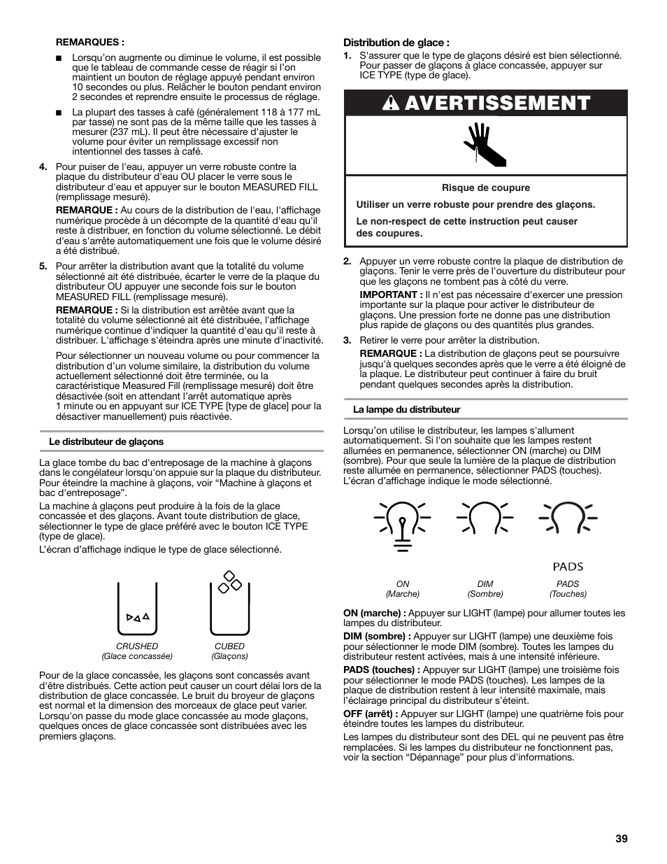 Avertissement | Whirlpool WRS965CIAM User Manual | Page 39 / 48