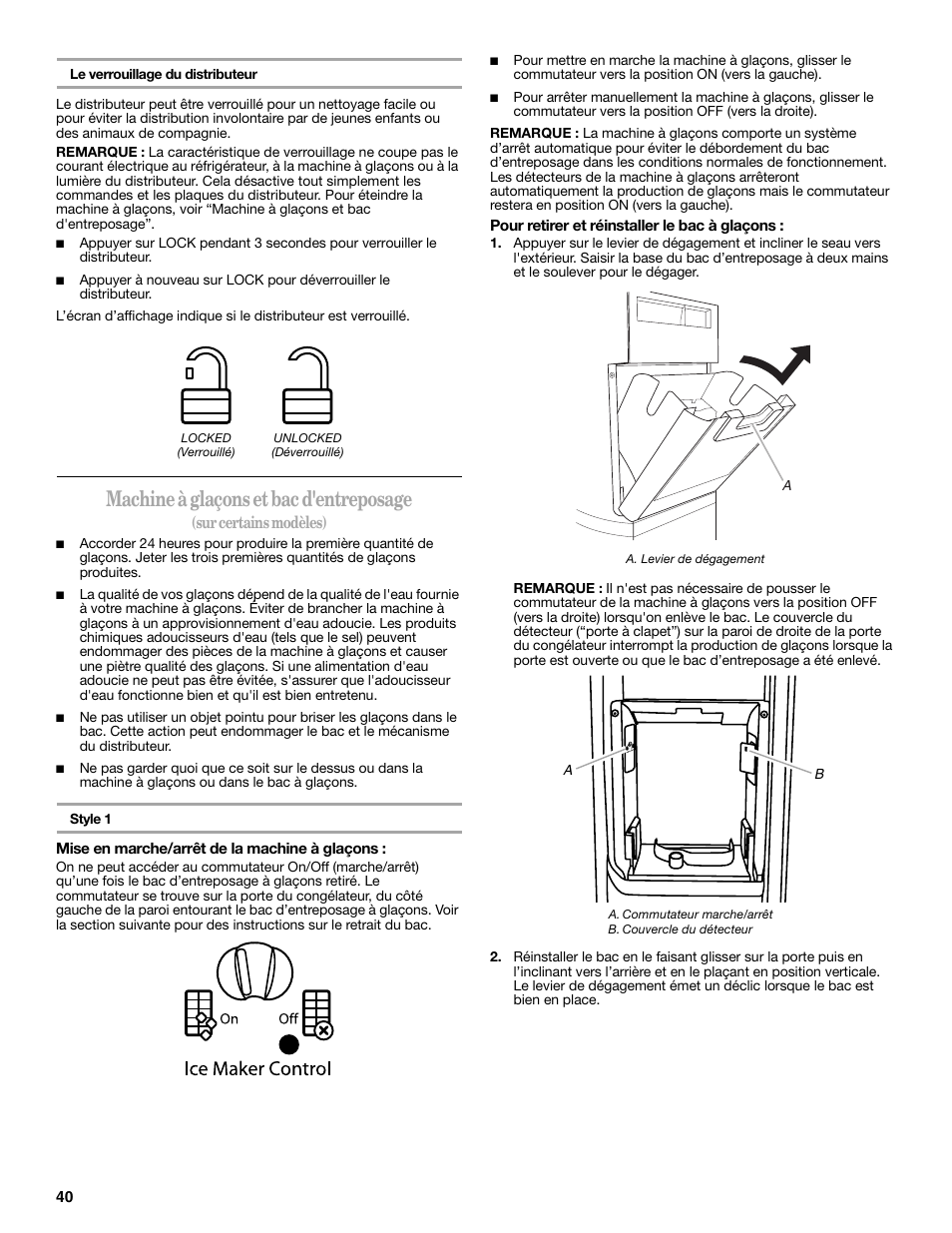 Machine à glaçons et bac d'entreposage, Sur certains modèles) | Whirlpool WRS965CIAM User Manual | Page 40 / 48