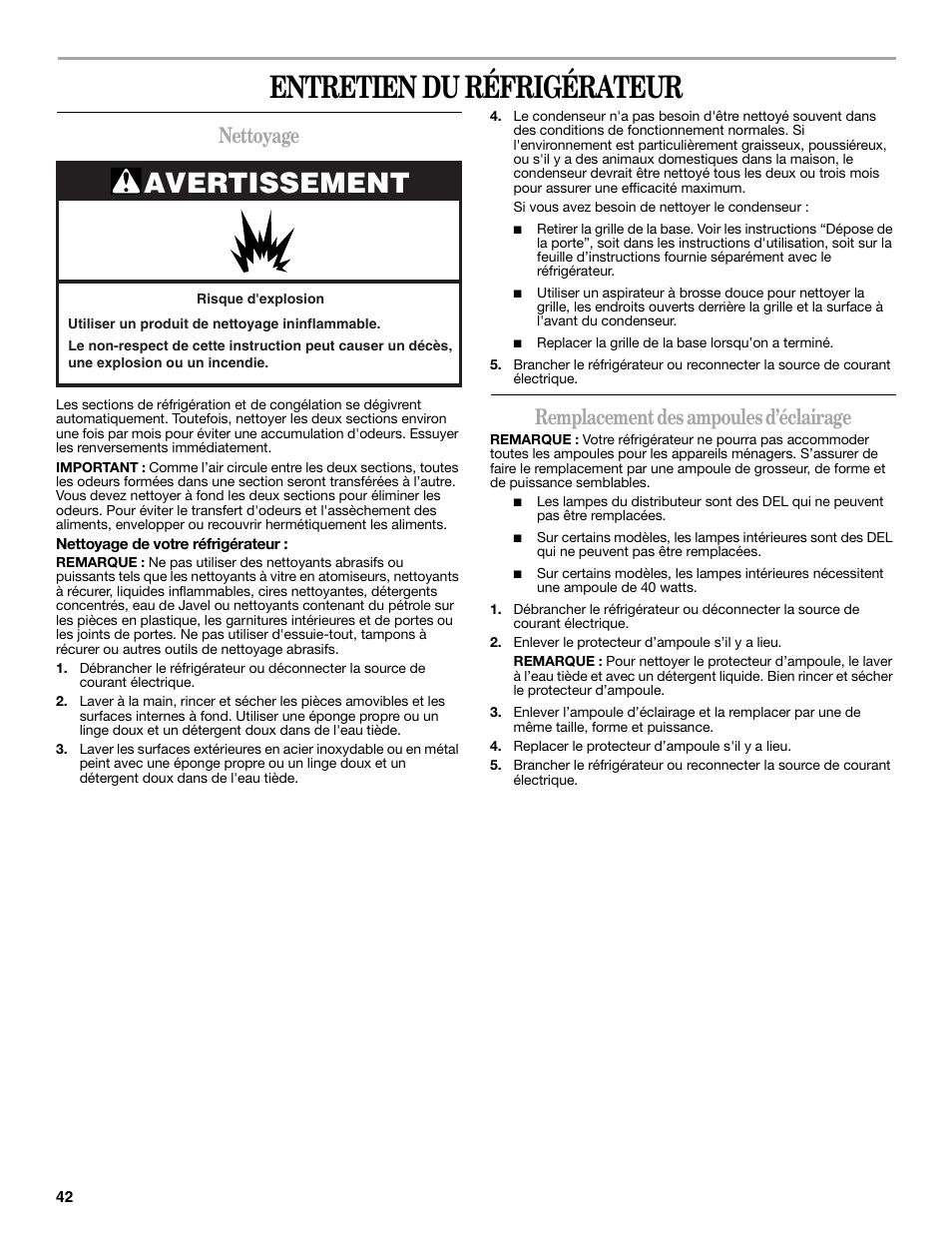 Entretien du réfrigérateur, Avertissement, Nettoyage | Remplacement des ampoules d’éclairage | Whirlpool WRS965CIAM User Manual | Page 42 / 48