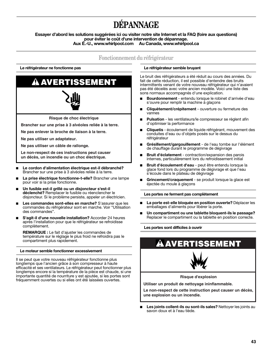 Dépannage, Avertissement, Fonctionnement du réfrigérateur | Whirlpool WRS965CIAM User Manual | Page 43 / 48