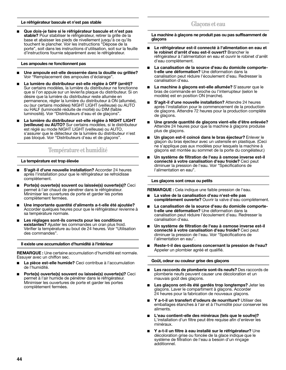 Température et humidité, Glaçons et eau | Whirlpool WRS965CIAM User Manual | Page 44 / 48