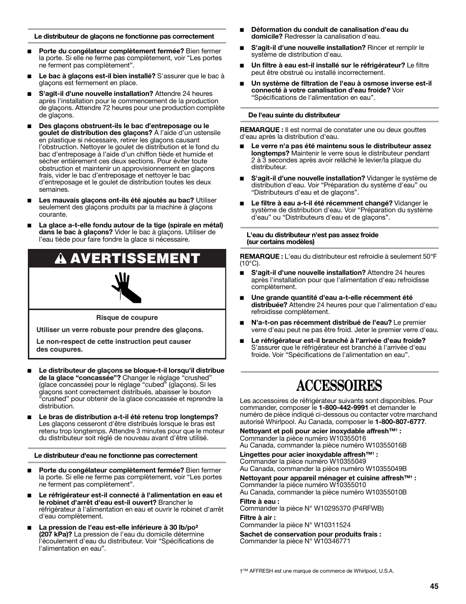 Accessoires, Avertissement | Whirlpool WRS965CIAM User Manual | Page 45 / 48