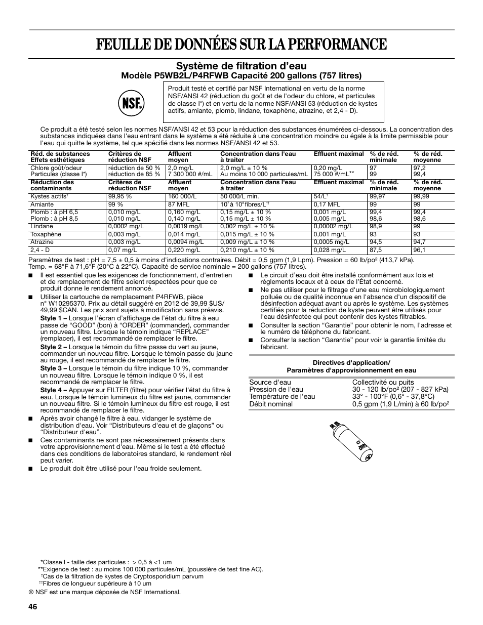 Feuille de données sur la performance, Système de filtration d’eau | Whirlpool WRS965CIAM User Manual | Page 46 / 48