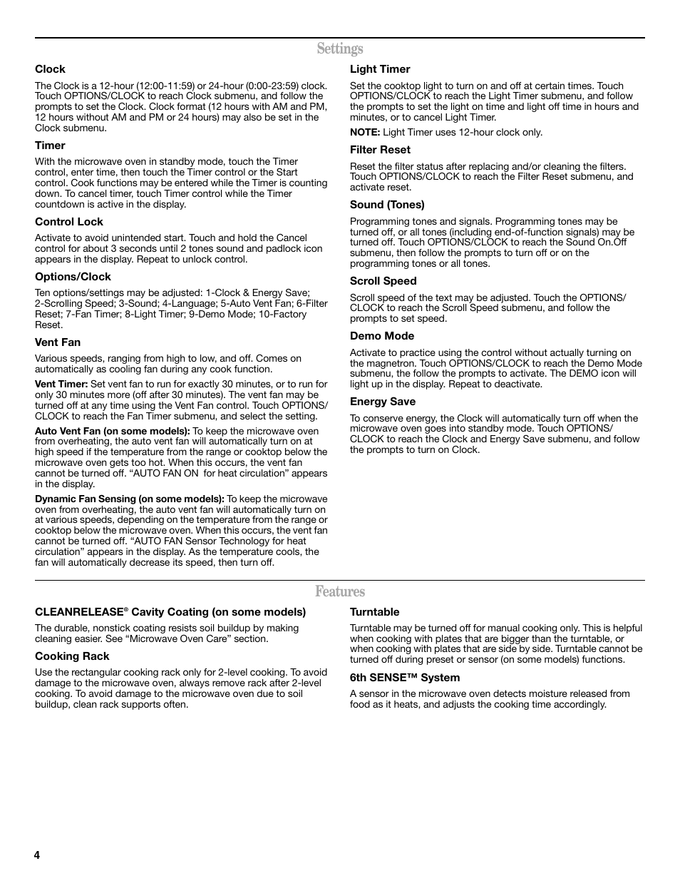 Settings, Features | Whirlpool WMH32519CS User Manual | Page 4 / 8