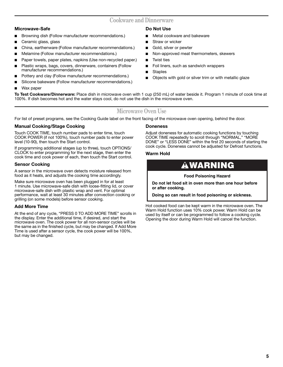 Warning, Cookware and dinnerware, Microwave oven use | Whirlpool WMH32519CS User Manual | Page 5 / 8