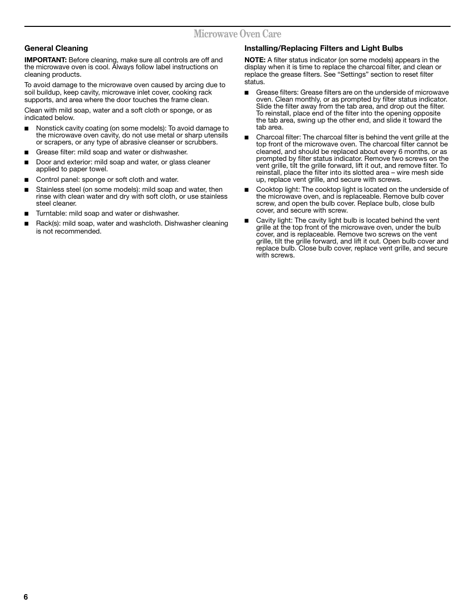 Microwave oven care | Whirlpool WMH32519CS User Manual | Page 6 / 8