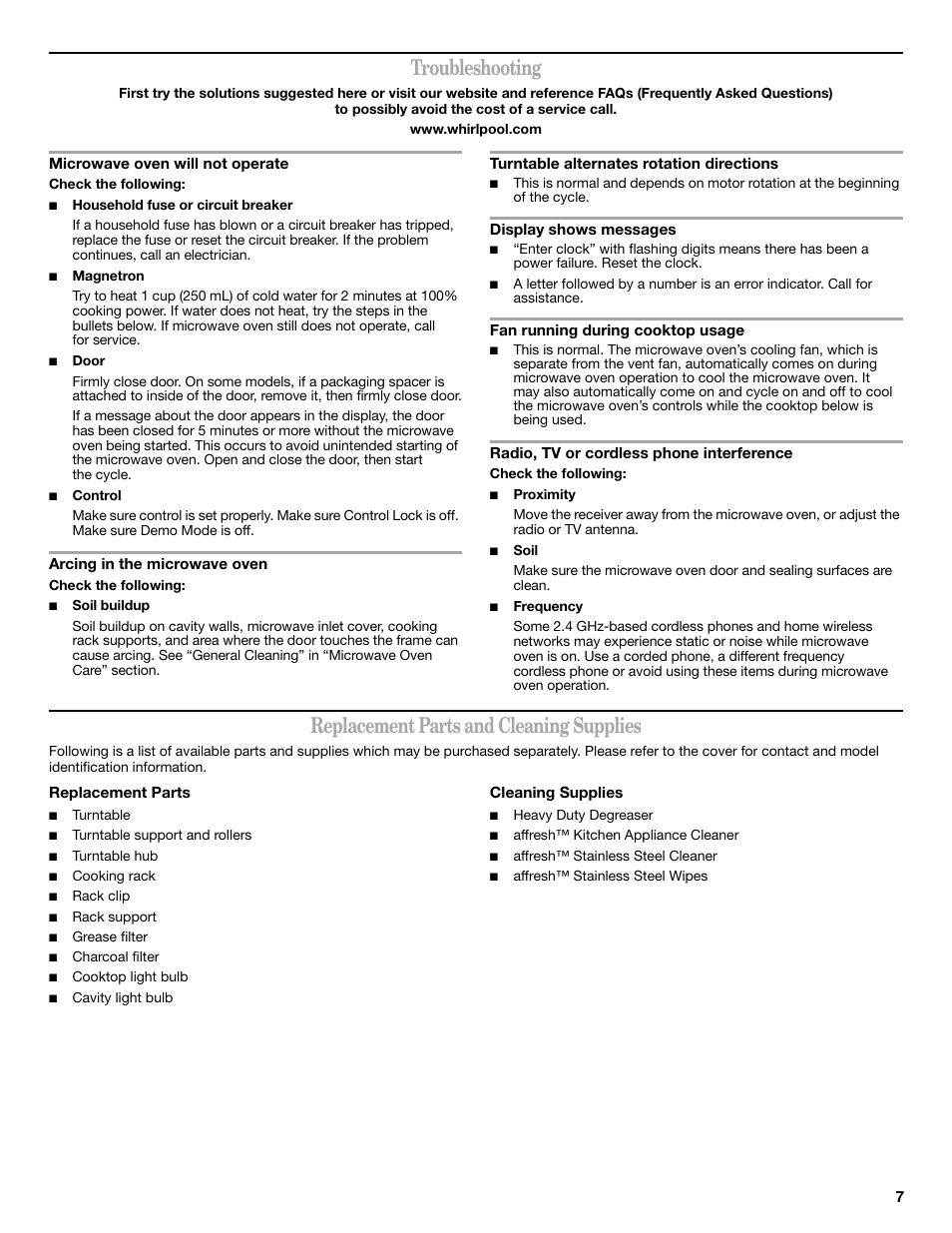 Troubleshooting, Replacement parts and cleaning supplies | Whirlpool WMH32519CS User Manual | Page 7 / 8