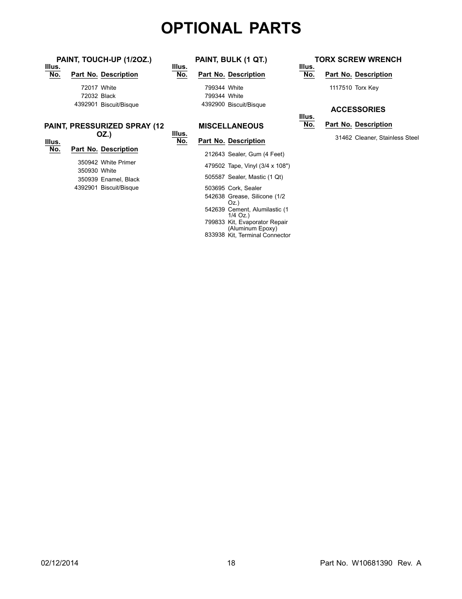 Optional, Optional parts | Whirlpool WRB329DMBM User Manual | Page 18 / 18