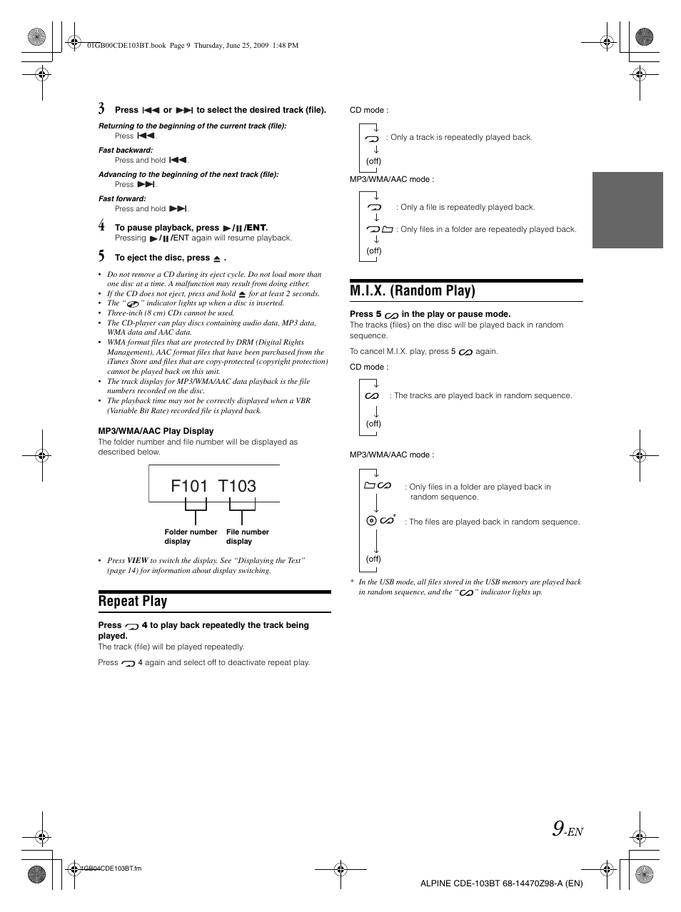 Repeat play, M.i.x. (random play) | Alpine 68-14470Z98-A User Manual | Page 11 / 36