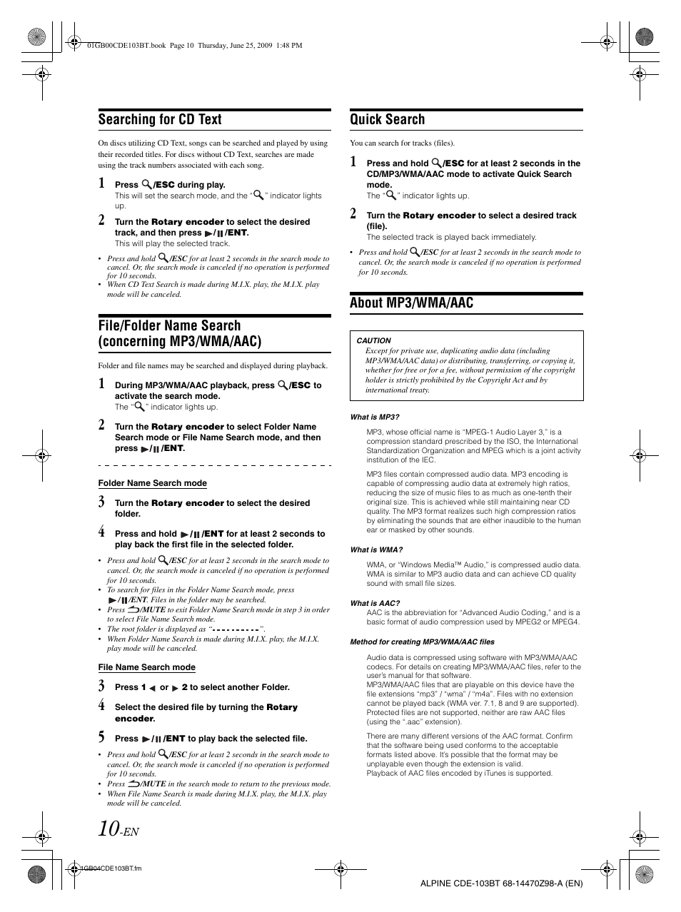 Searching for cd text, File/folder name search (concerning mp3/wma/aac), Quick search | About mp3/wma/aac | Alpine 68-14470Z98-A User Manual | Page 12 / 36