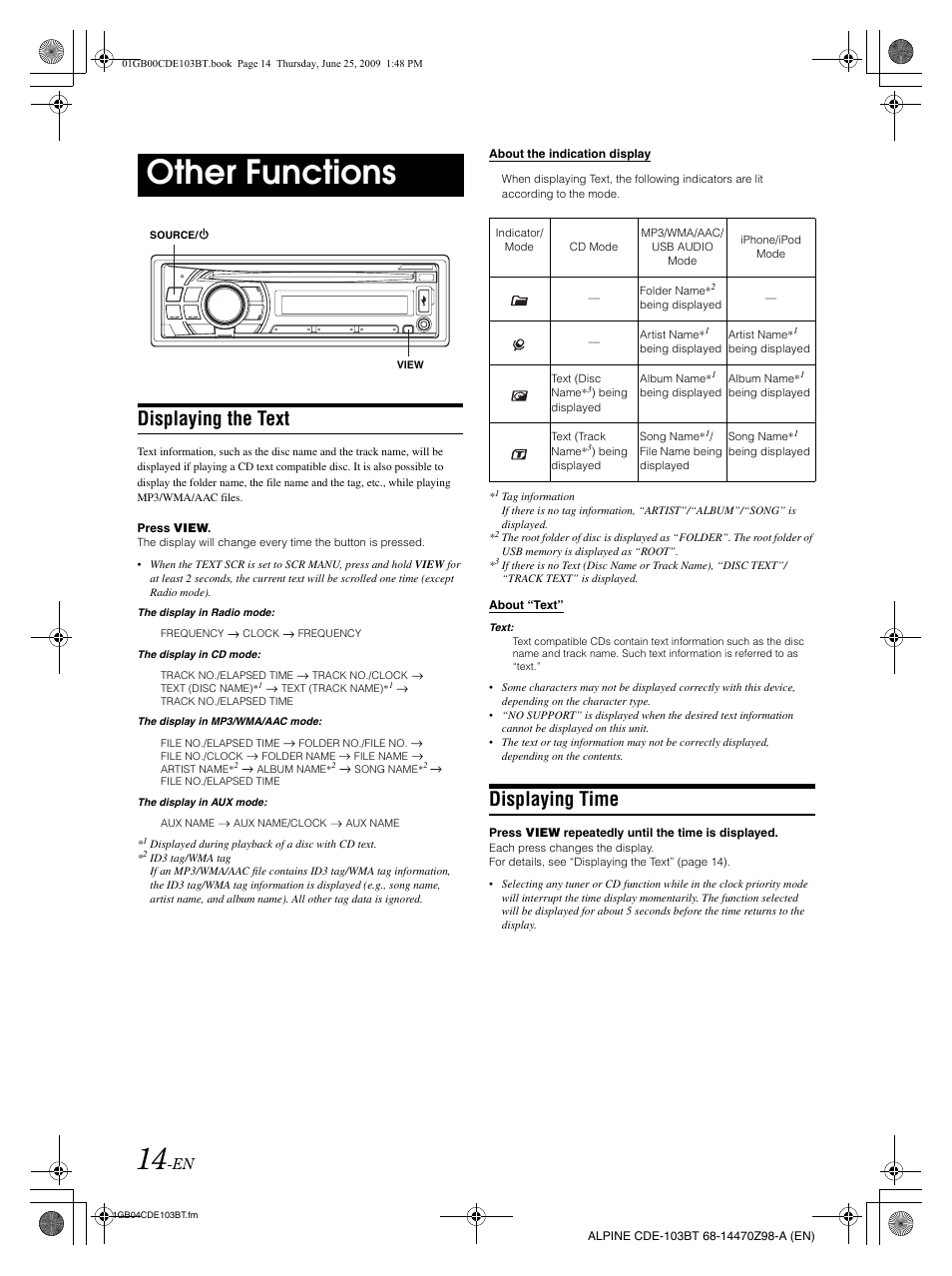 Other functions, Displaying the text, Displaying time | Alpine 68-14470Z98-A User Manual | Page 16 / 36