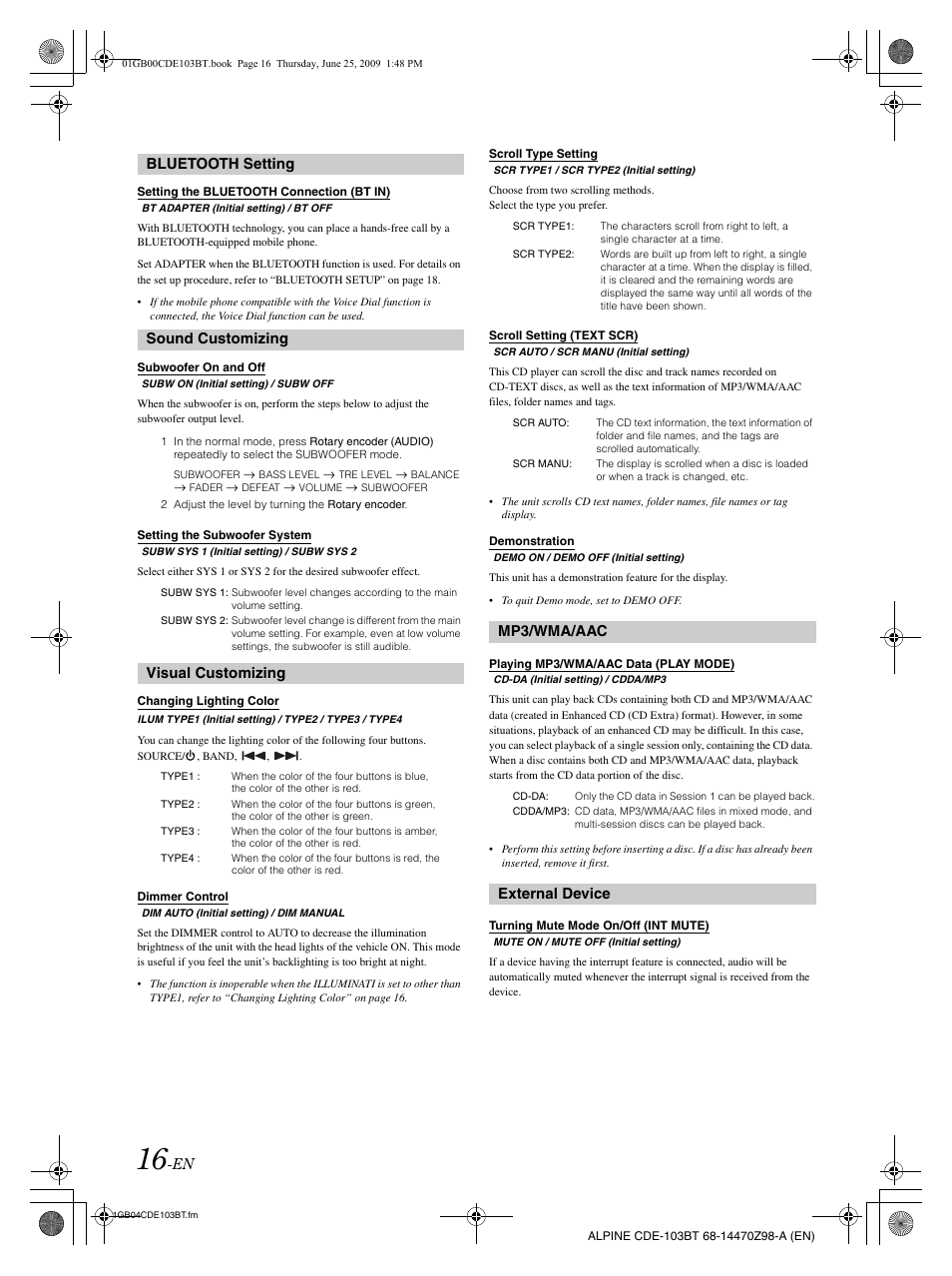 Bluetooth setting, Sound customizing, Visual customizing | Mp3/wma/aac, External device | Alpine 68-14470Z98-A User Manual | Page 18 / 36