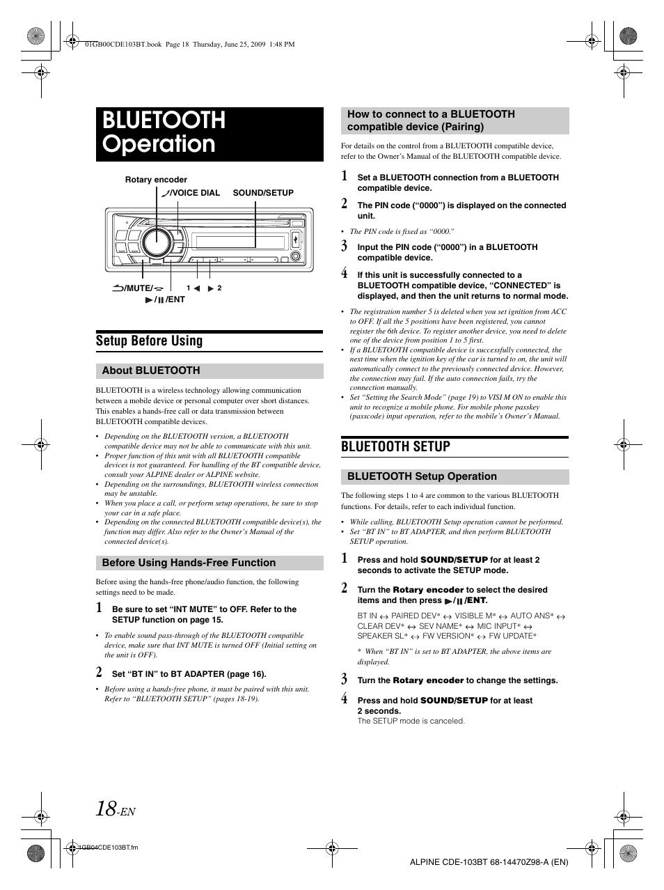 Bluetooth operation, Setup before using, Bluetooth setup | Alpine 68-14470Z98-A User Manual | Page 20 / 36