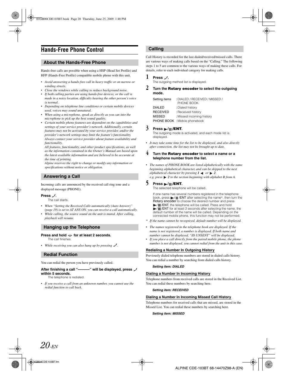 Hands-free phone control | Alpine 68-14470Z98-A User Manual | Page 22 / 36