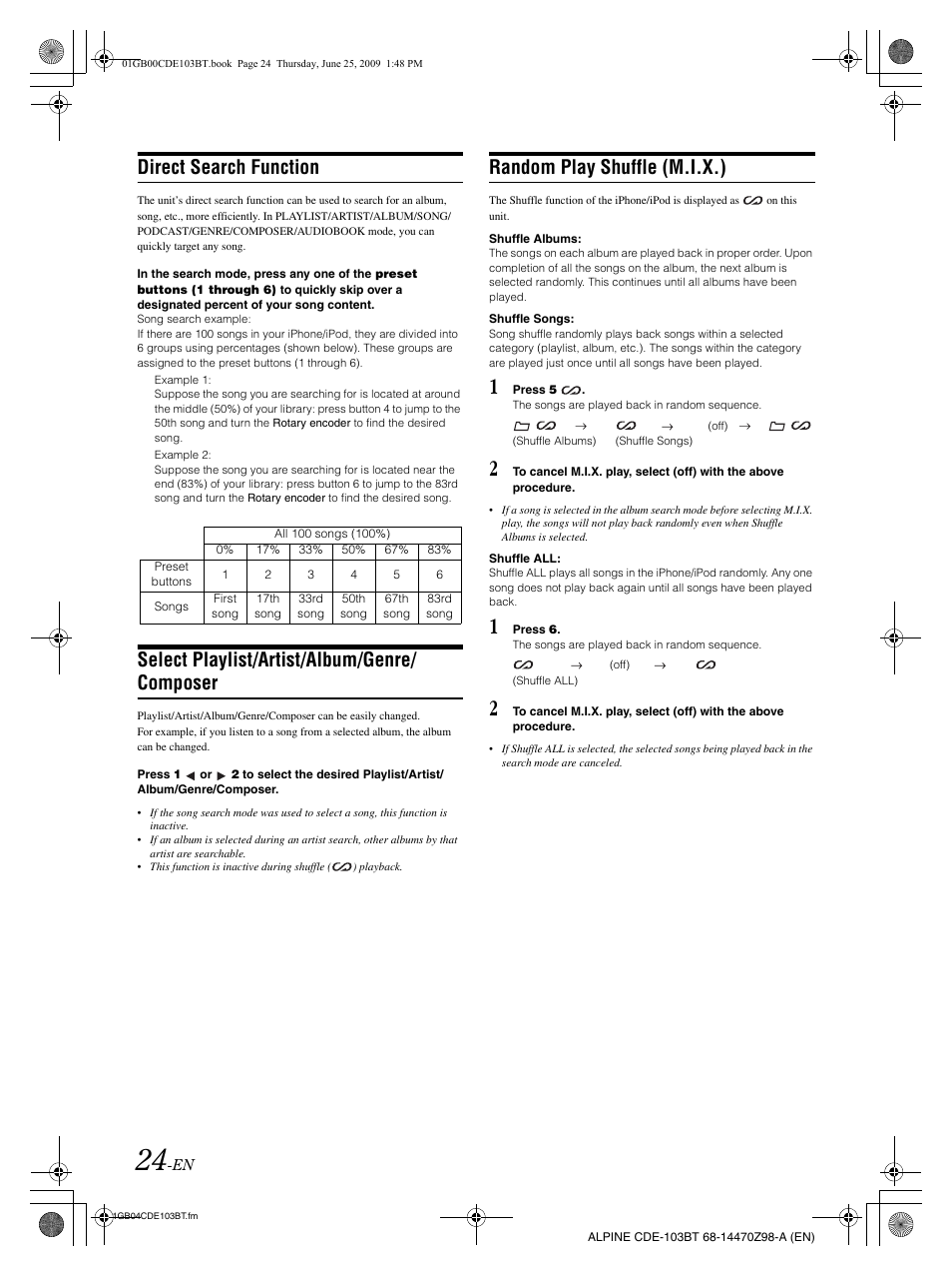 Direct search function, Select playlist/artist/album/genre/ composer, Random play shuffle (m.i.x.) | Alpine 68-14470Z98-A User Manual | Page 26 / 36