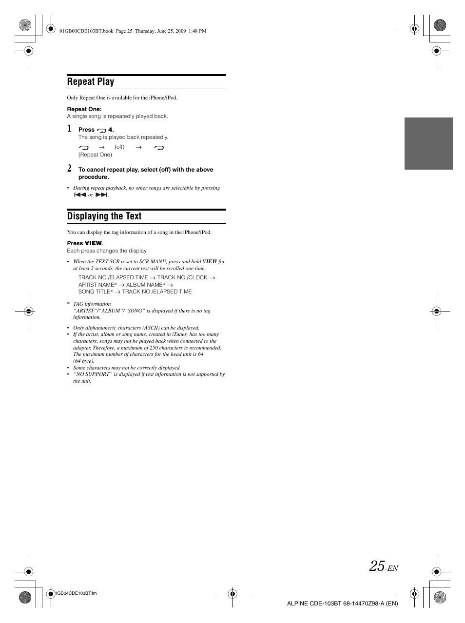 Repeat play, Displaying the text | Alpine 68-14470Z98-A User Manual | Page 27 / 36