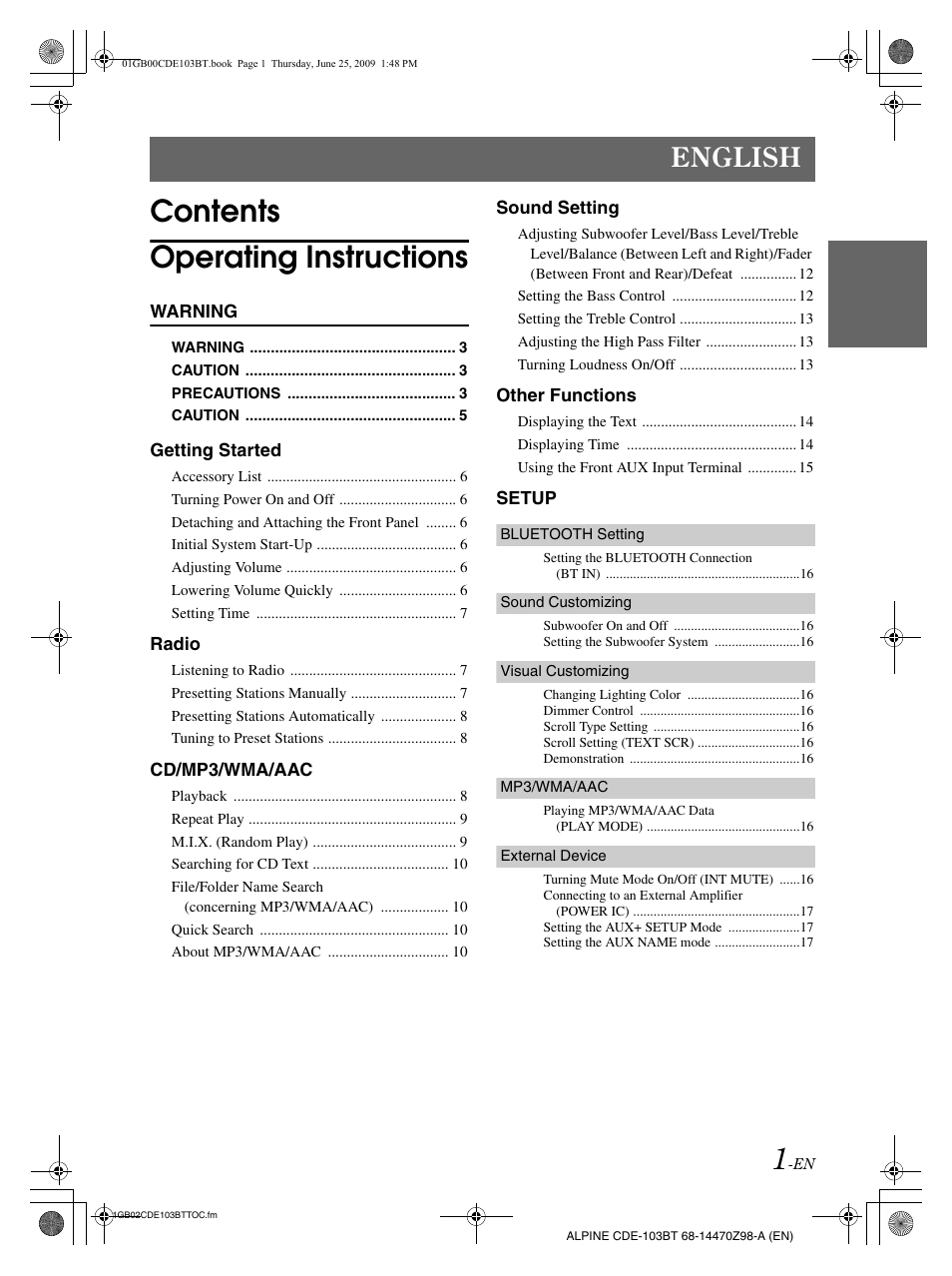 Contents operating instructions, English | Alpine 68-14470Z98-A User Manual | Page 3 / 36