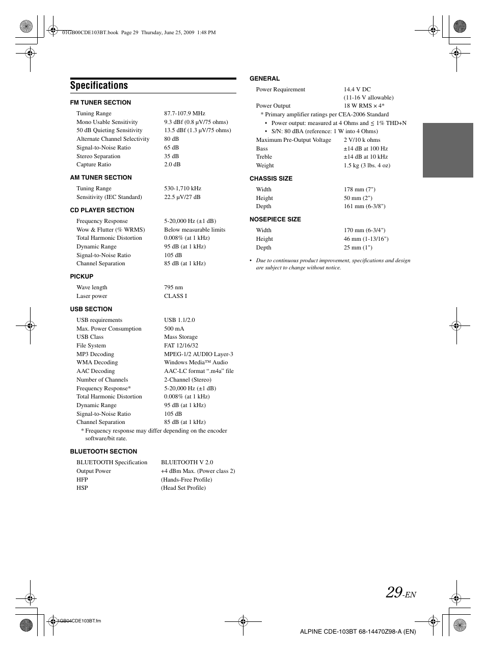 Specifications | Alpine 68-14470Z98-A User Manual | Page 31 / 36