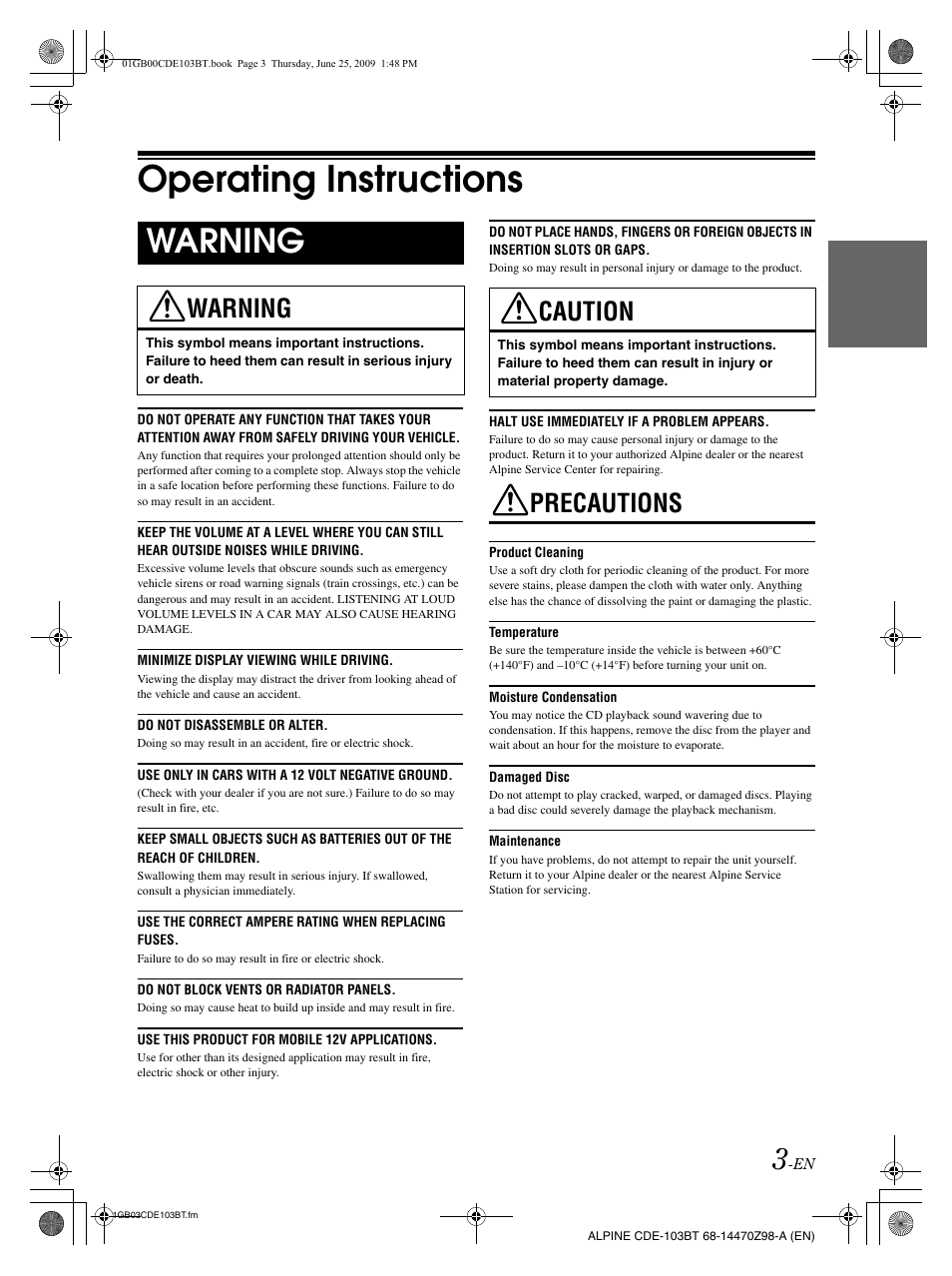 Operating instructions, Warning, Precautions | Caution | Alpine 68-14470Z98-A User Manual | Page 5 / 36