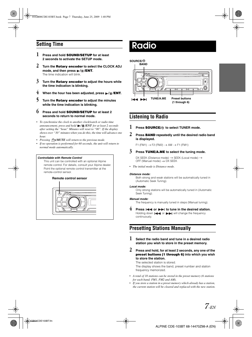 Radio, Setting time, Listening to radio | Presetting stations manually | Alpine 68-14470Z98-A User Manual | Page 9 / 36