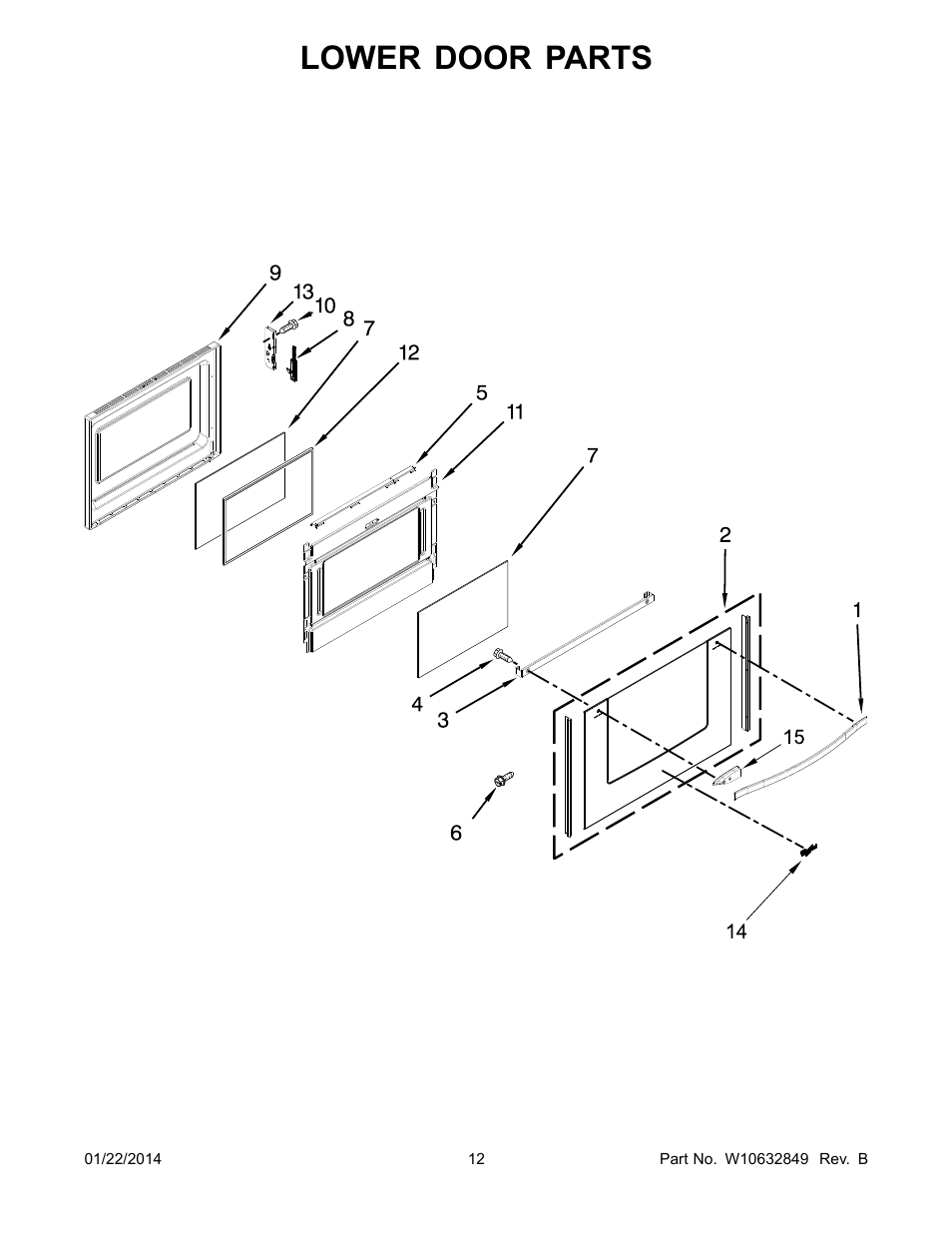 Lower door, Lower door parts | Whirlpool WGE755C0BS User Manual | Page 12 / 14