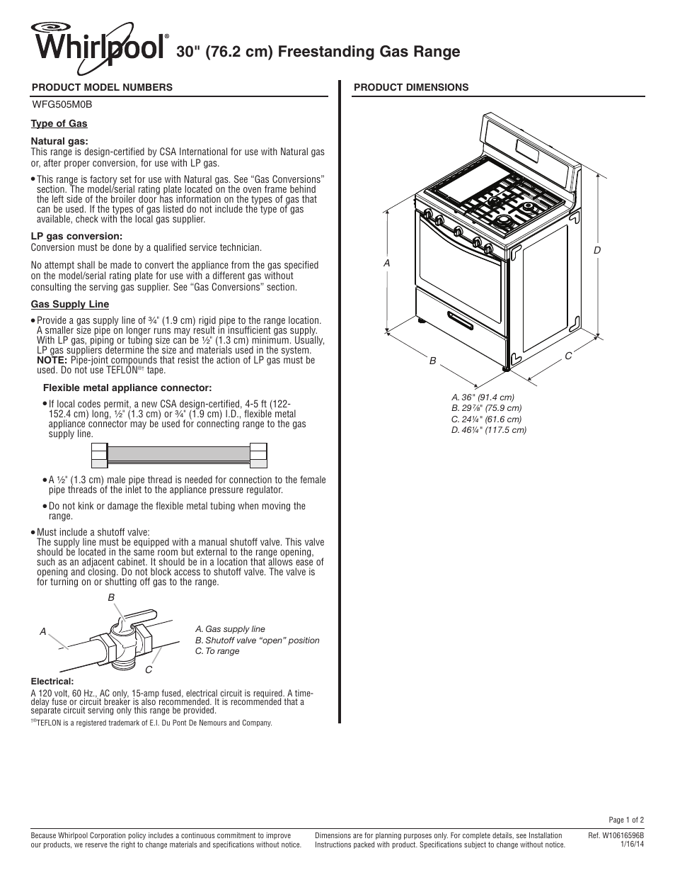 Whirlpool WFG505M0BS User Manual | 2 pages