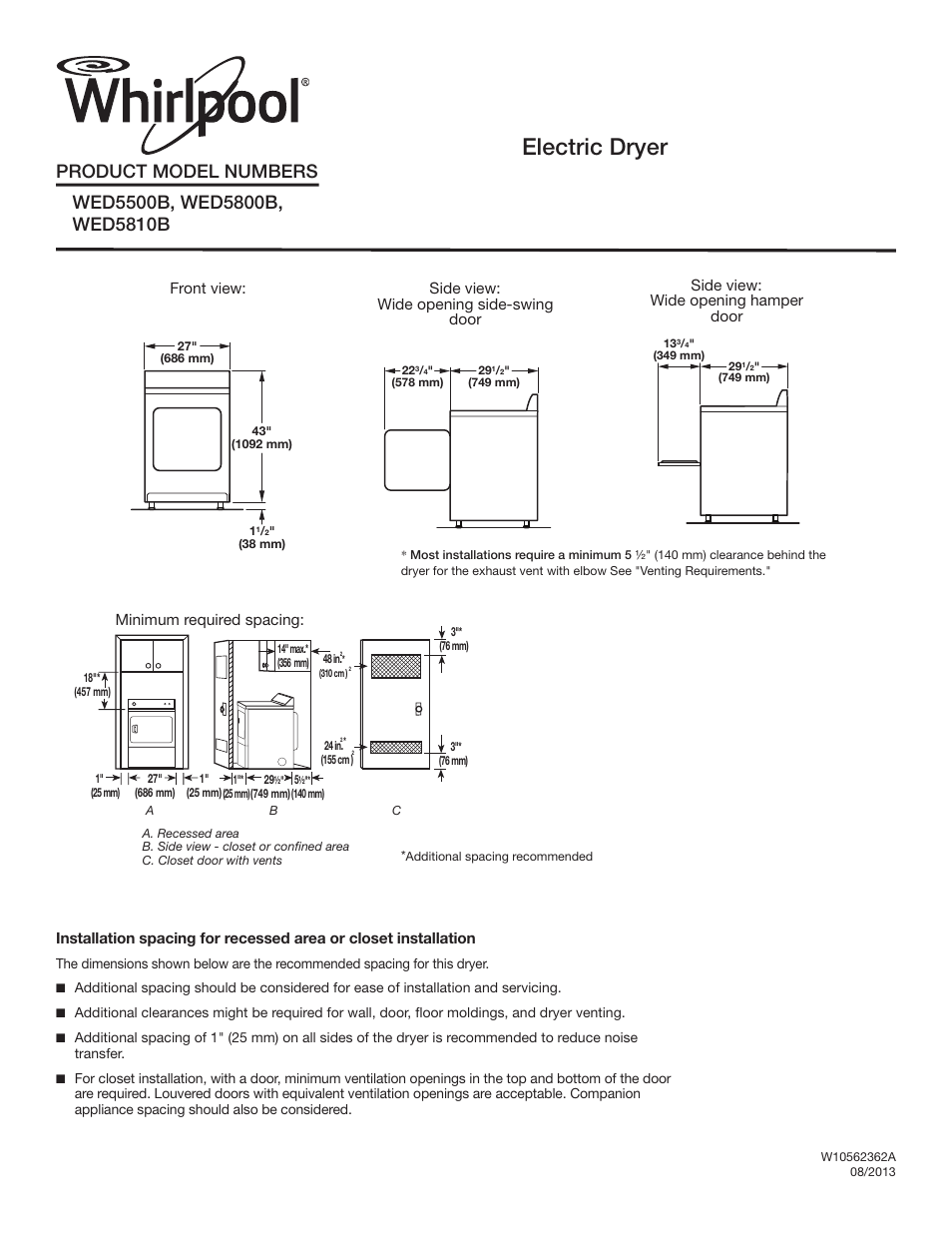 Whirlpool WED5800BW User Manual | 2 pages