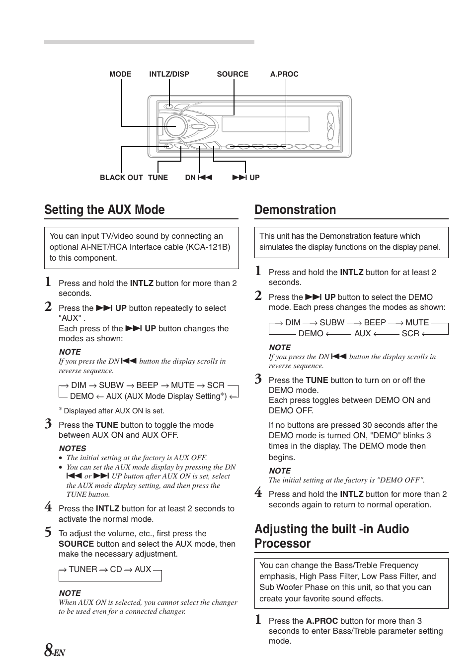 Basic operation, Setting the aux mode, Demonstration | Adjusting the built -in audio processor | Alpine CDA-7863 User Manual | Page 10 / 28