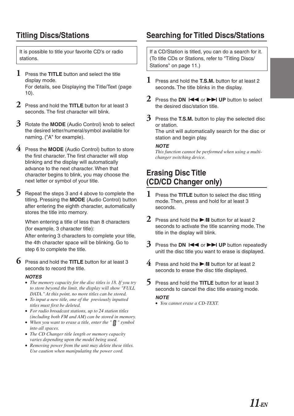 Titling discs/stations, Searching for titled discs/stations, Erasing disc title (cd/cd changer only) | Alpine CDA-7863 User Manual | Page 13 / 28