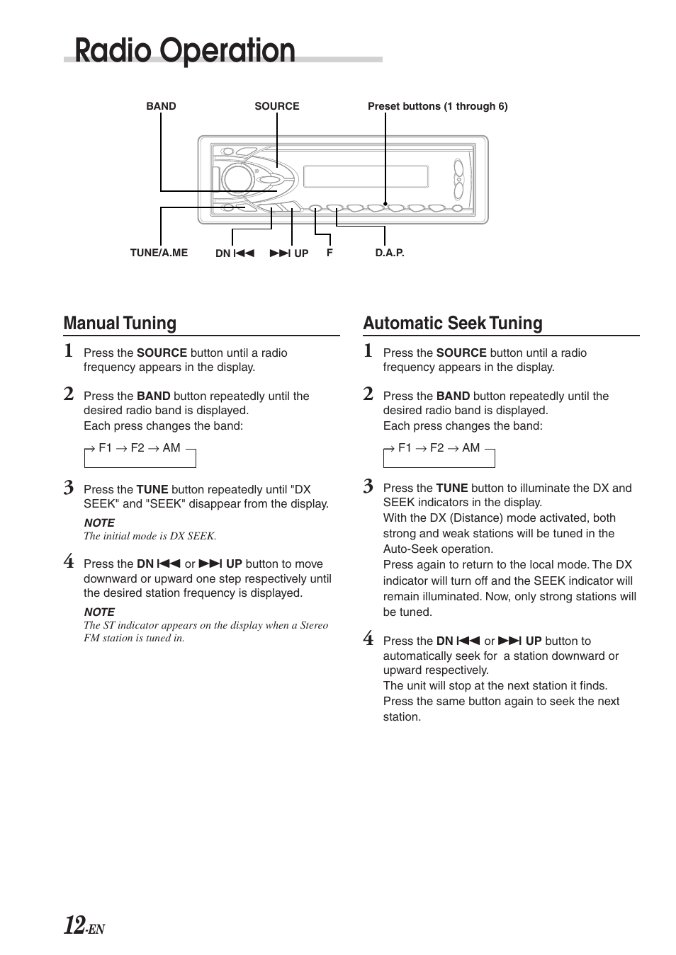 Radio operation, Automatic seek tuning, Manual tuning | Alpine CDA-7863 User Manual | Page 14 / 28