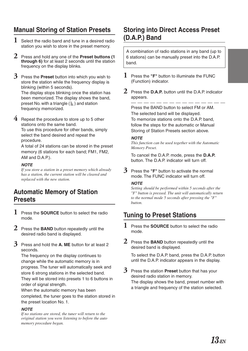 Manual storing of station presets, Storing into direct access preset (d.a.p.) band, Tuning to preset stations | Alpine CDA-7863 User Manual | Page 15 / 28