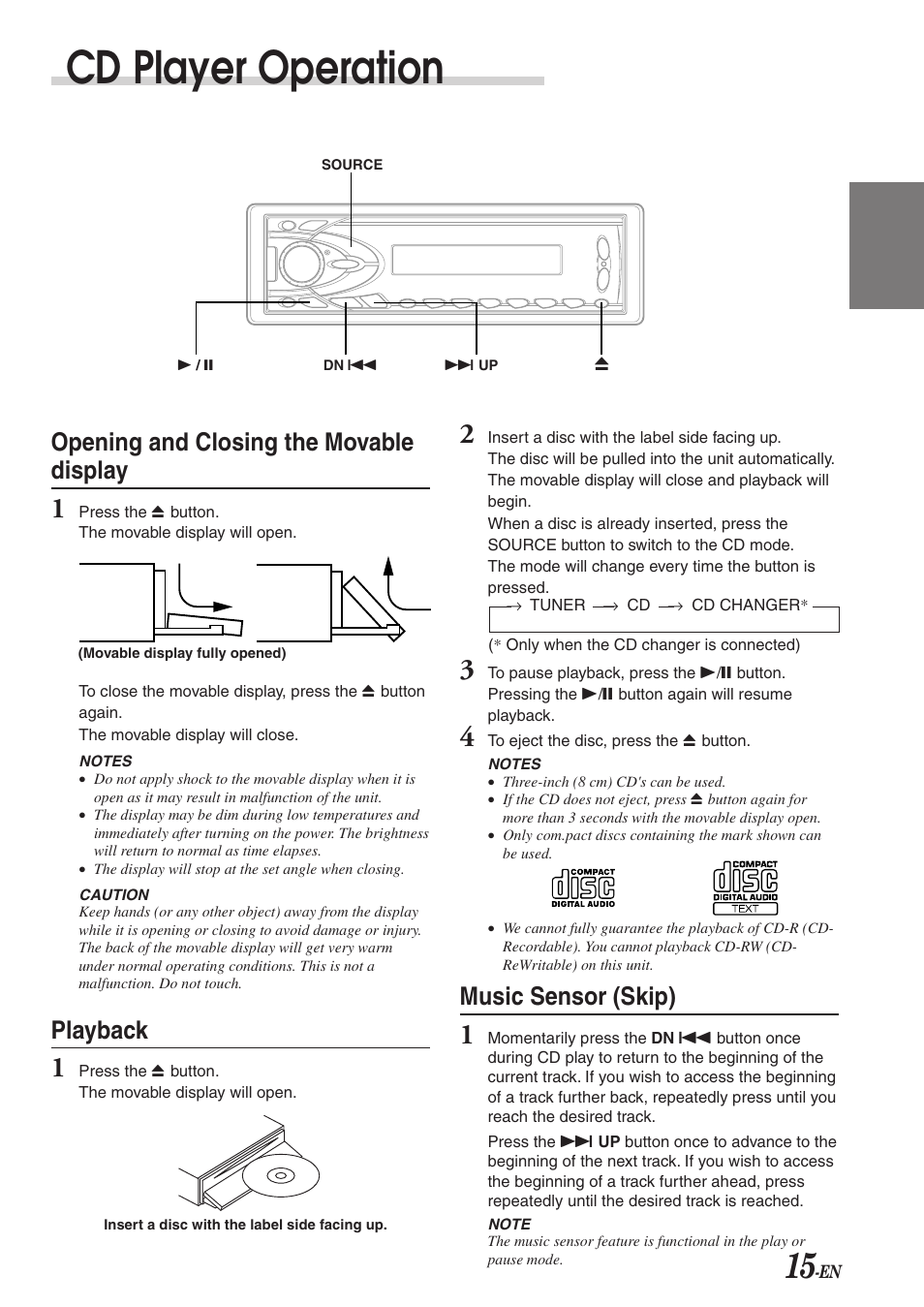 Cd player operation, Opening and closing the movable display, Playback | Music sensor (skip) | Alpine CDA-7863 User Manual | Page 17 / 28