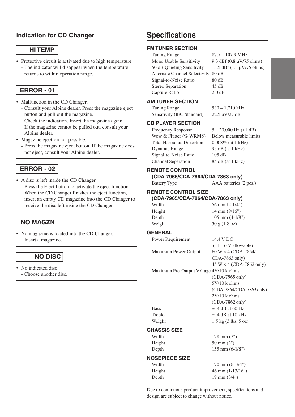 Specifications, Hi temp error - 01 indication for cd changer, Error - 02 no magzn no disc | Alpine CDA-7863 User Manual | Page 23 / 28