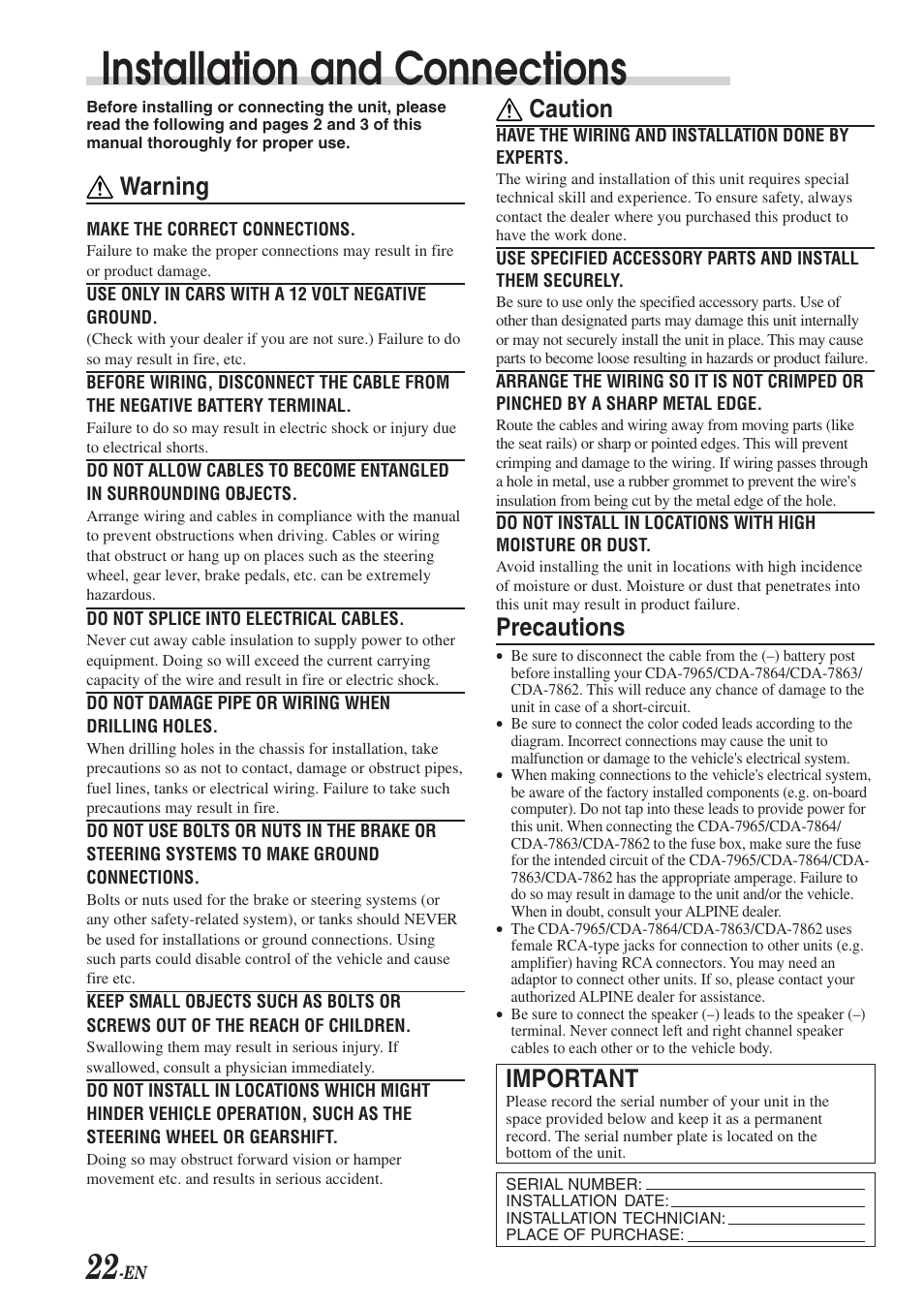 Installation and connections, Warning, Caution | Precautions, Important | Alpine CDA-7863 User Manual | Page 24 / 28