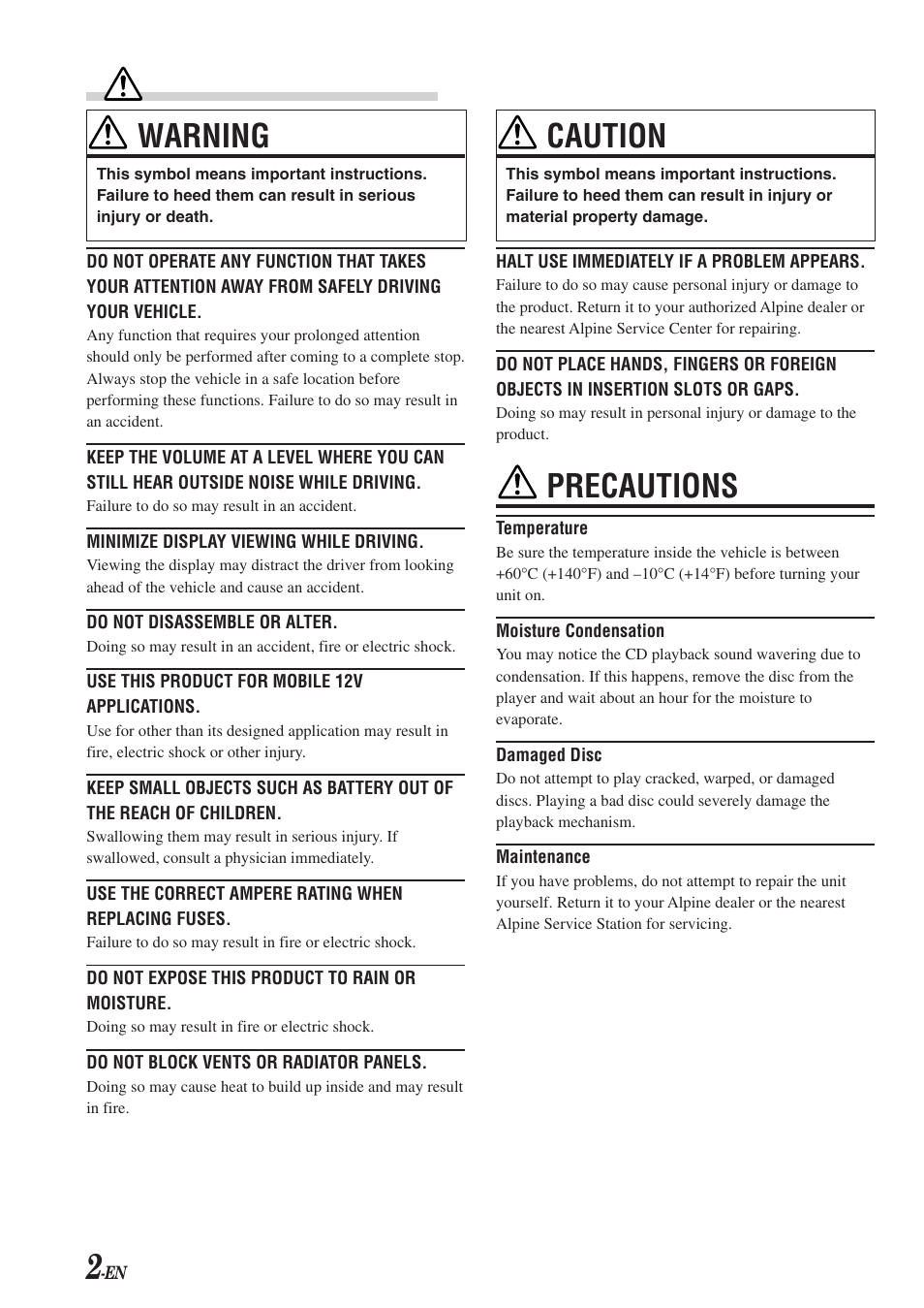 Warning, Caution, Precautions | Alpine CDA-7863 User Manual | Page 4 / 28