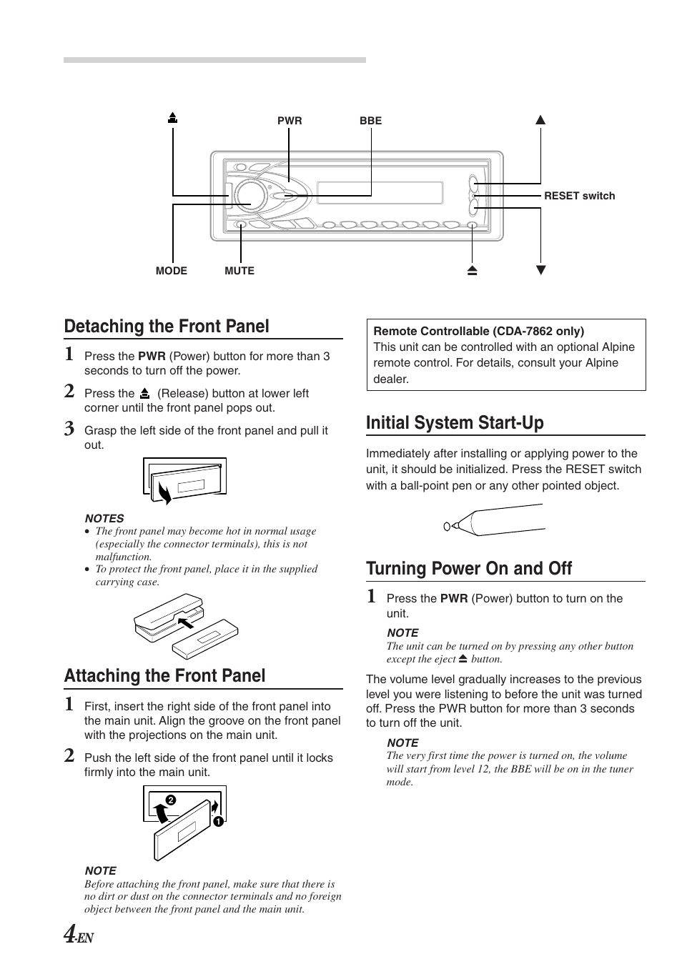 Basic operation, Detaching the front panel, Attaching the front panel | Initial system start-up, Turning power on and off | Alpine CDA-7863 User Manual | Page 6 / 28
