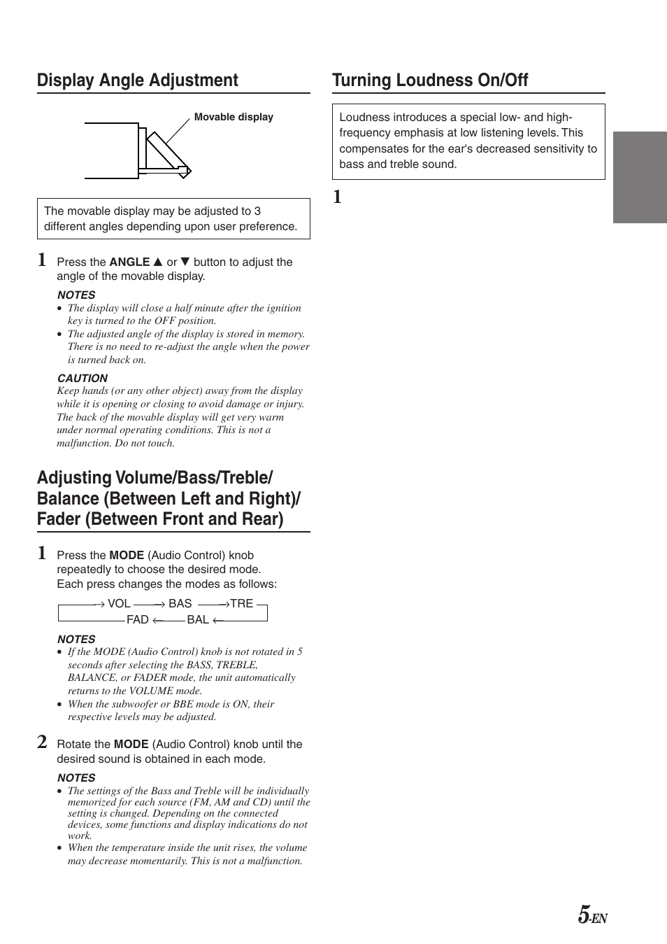 Display angle adjustment, Turning loudness on/off | Alpine CDA-7863 User Manual | Page 7 / 28