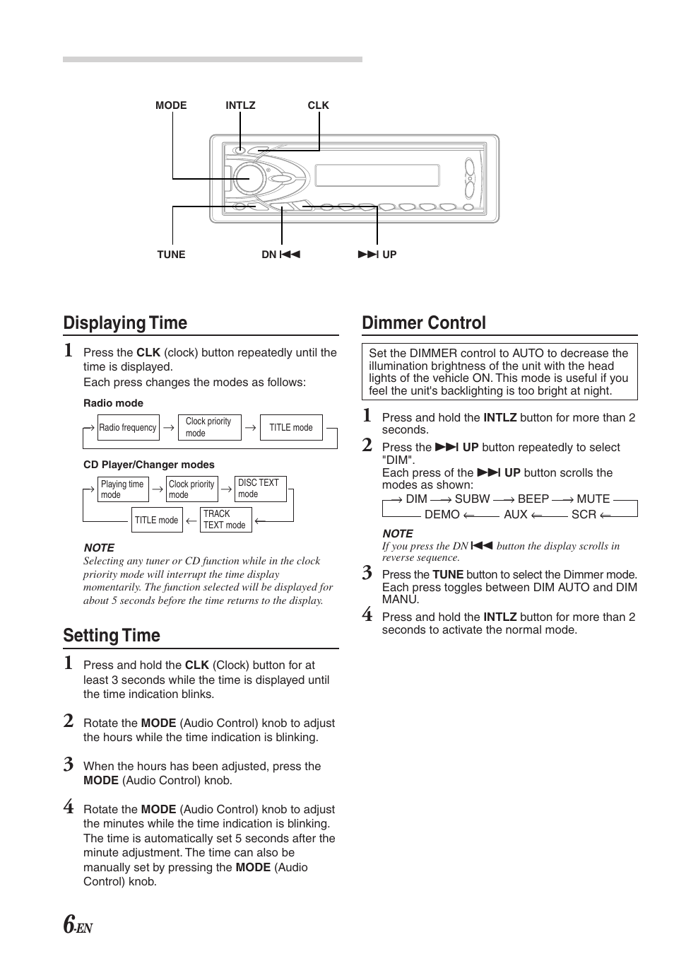 Basic operation, Displaying time, Setting time | Dimmer control | Alpine CDA-7863 User Manual | Page 8 / 28