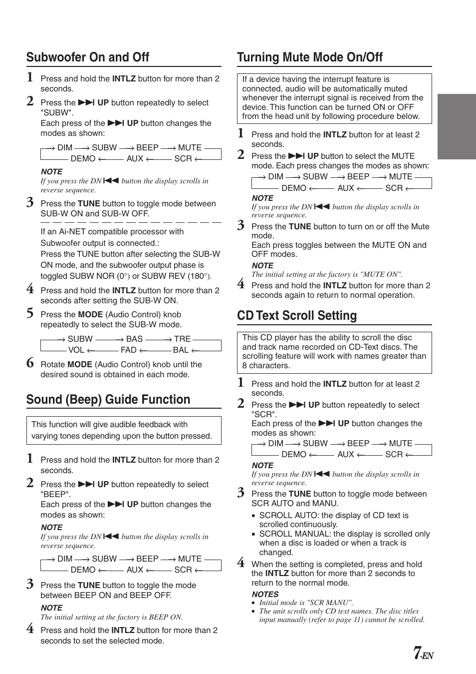 Turning mute mode on/off, Cd text scroll setting, Subwoofer on and off | Sound (beep) guide function | Alpine CDA-7863 User Manual | Page 9 / 28