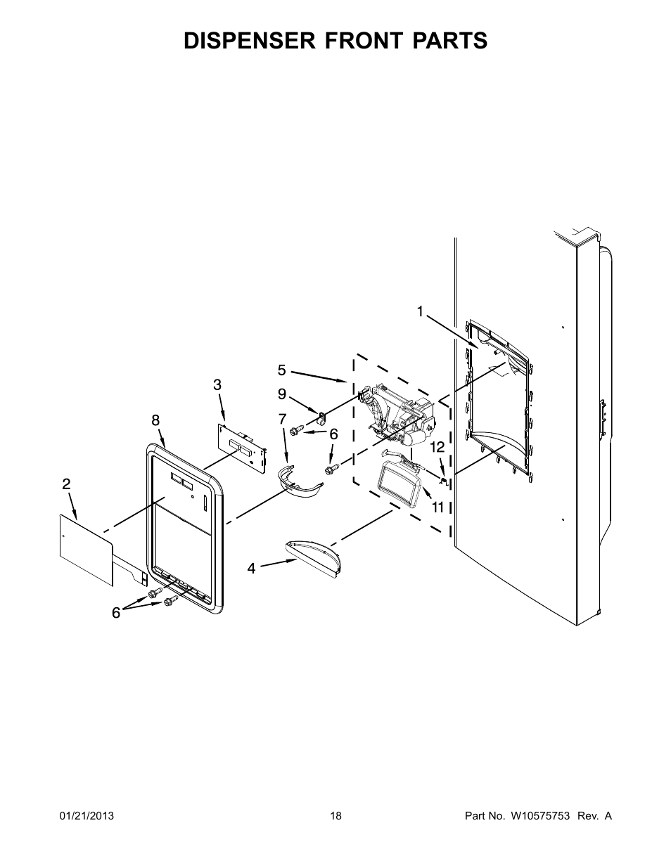 Dispenser front, Dispenser front parts | Whirlpool GI0FSAXVY User Manual | Page 18 / 22