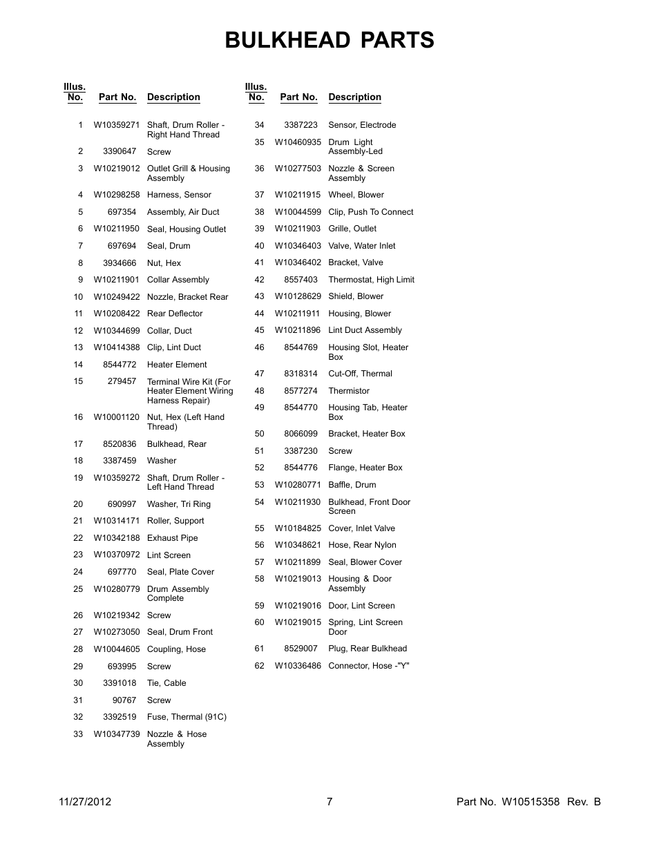 Bulkhead parts | Whirlpool WED94HEAC User Manual | Page 7 / 10