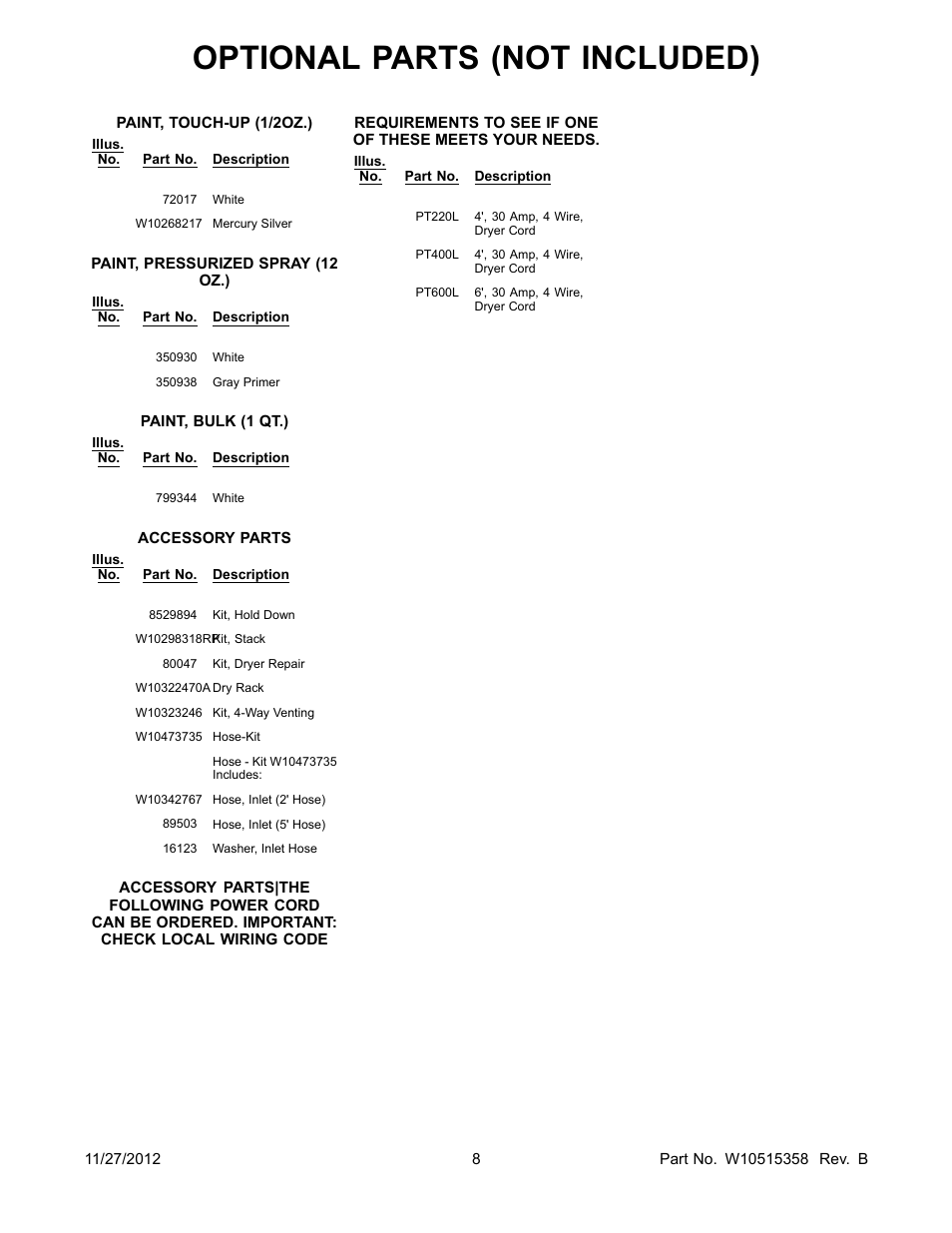 Optional, Optional parts (not included) | Whirlpool WED94HEAC User Manual | Page 8 / 10