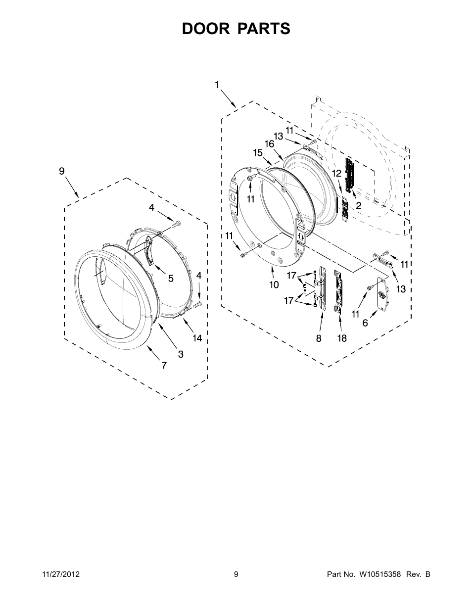 Door, Door parts | Whirlpool WED94HEAC User Manual | Page 9 / 10