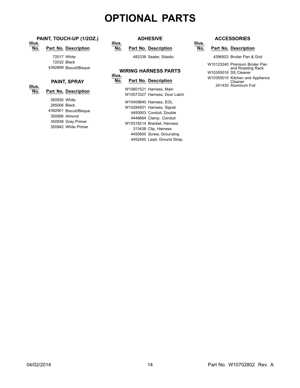 Optional parts | Whirlpool WOD93EC7AS User Manual | Page 14 / 14