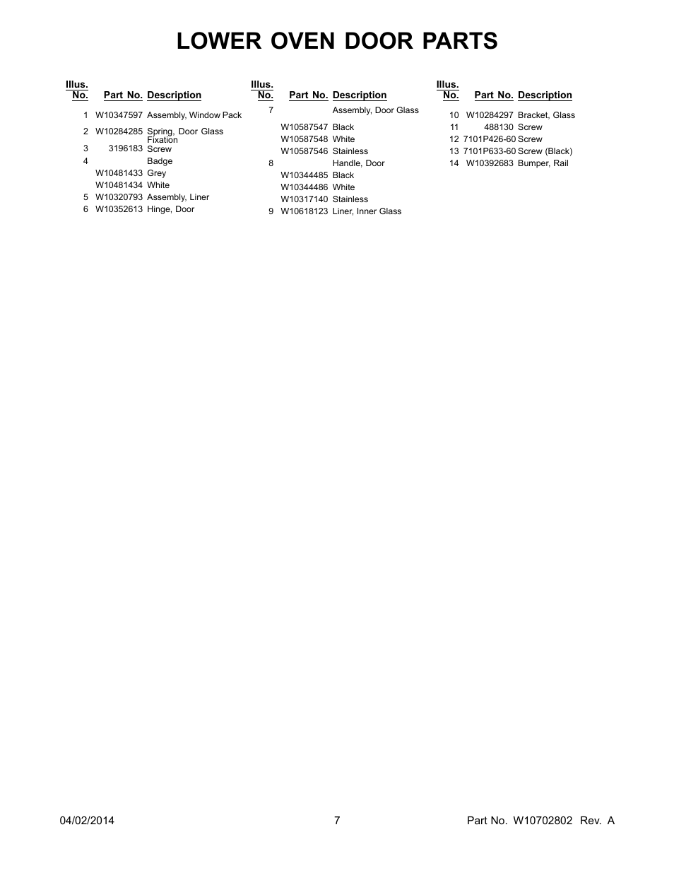 Lower oven door parts | Whirlpool WOD93EC7AS User Manual | Page 7 / 14