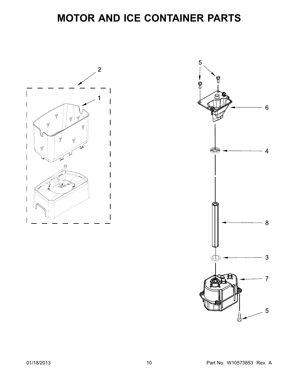 Motor and ice container, Motor and ice container parts | Whirlpool WRS342FIAW User Manual | Page 10 / 24