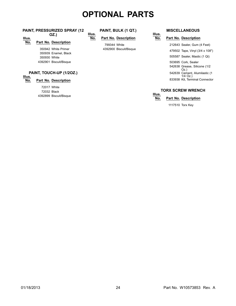 Optional, Optional parts | Whirlpool WRS342FIAW User Manual | Page 24 / 24