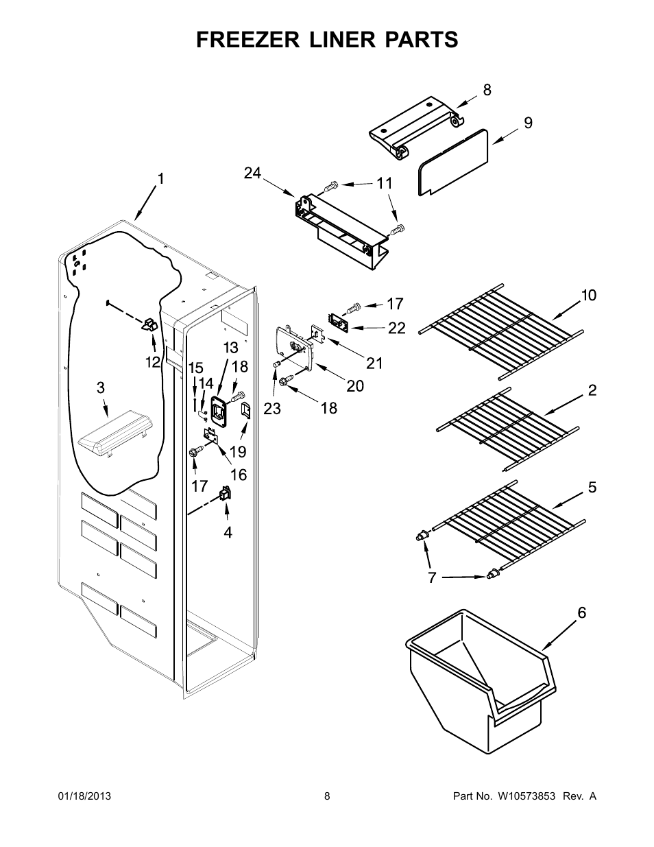 Freezer liner, Freezer liner parts | Whirlpool WRS342FIAW User Manual | Page 8 / 24