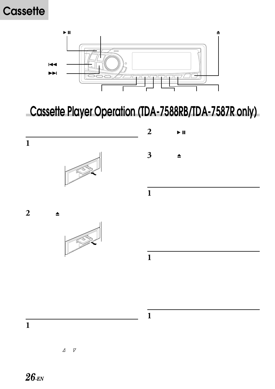 Cassette, Dolby b nr (noise reduction), Repeat play | Blank skip (b.skip), Inserting/ejecting cassette, Normal play and pause | Alpine CDA-7876RB User Manual | Page 28 / 44